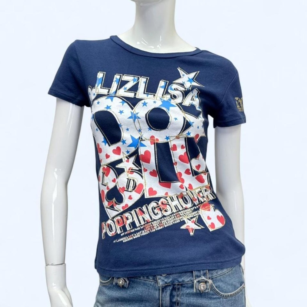 Liz Lisa Doll Graphic Tee Y2K Navy Star Heart Fitted Womens M, glitter graphic T